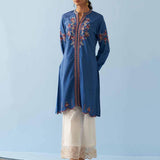 Classic Blue Embroidered Kurta for Women with Puffed Sleeves - Lakshita