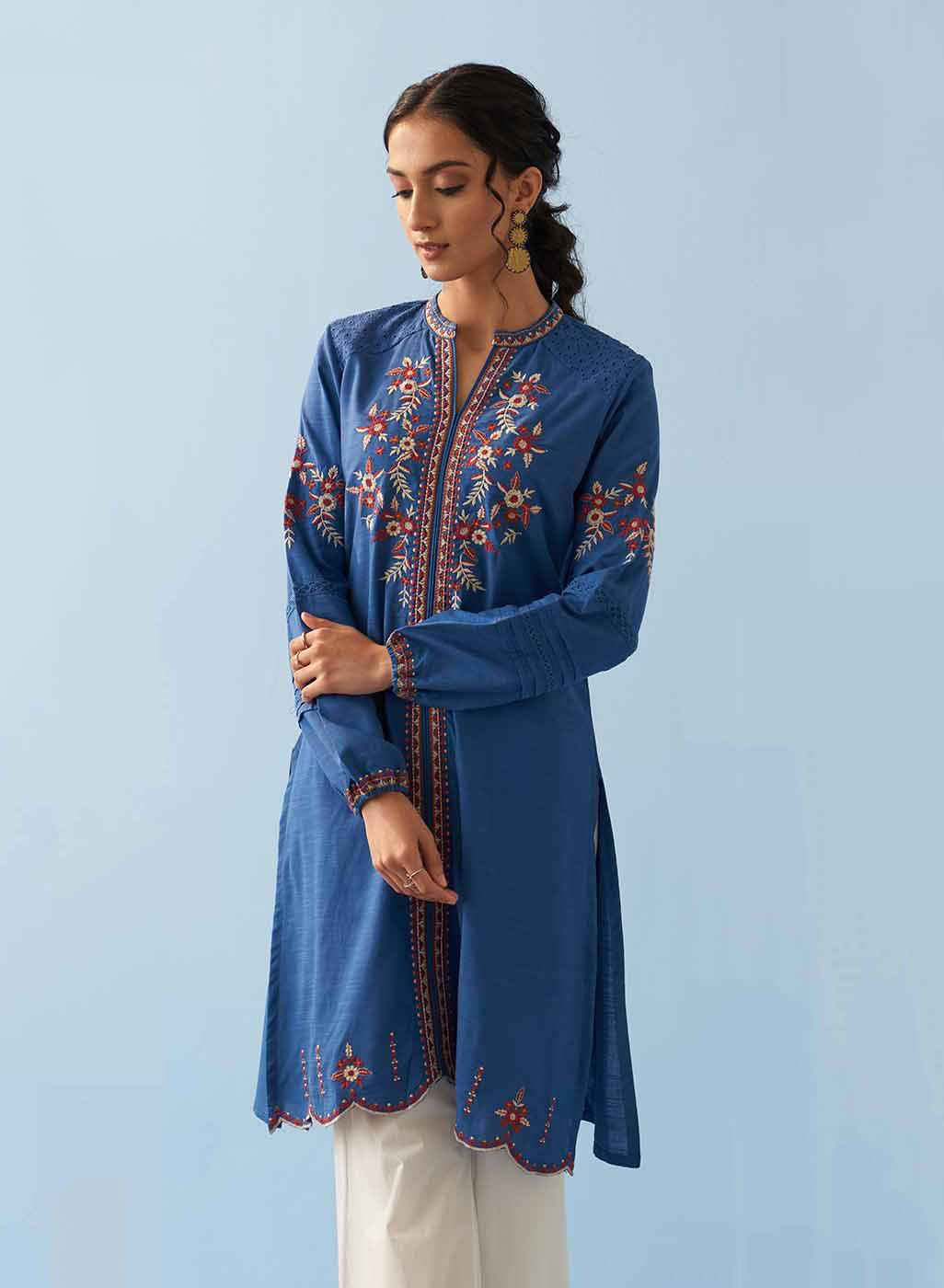 Classic Blue Embroidered Kurta for Women with Puffed Sleeves - Lakshita