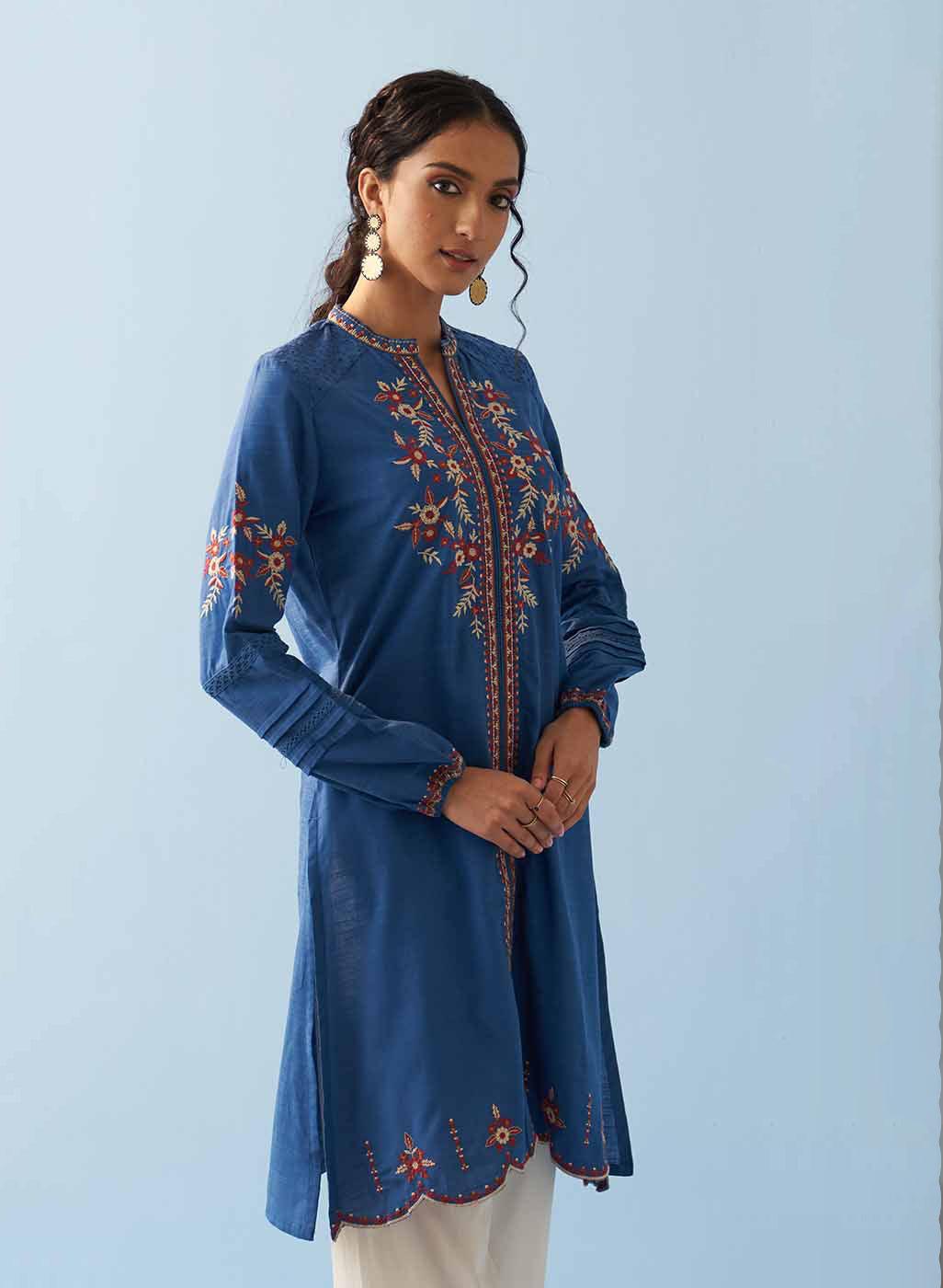 Classic Blue Embroidered Kurta for Women with Puffed Sleeves - Lakshita