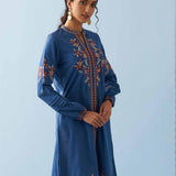 Classic Blue Embroidered Kurta for Women with Puffed Sleeves - Lakshita