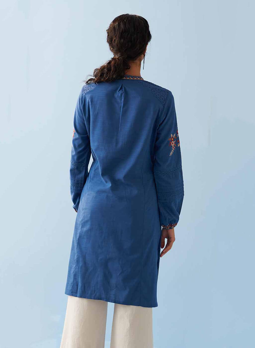 Classic Blue Embroidered Kurta for Women with Puffed Sleeves - Lakshita