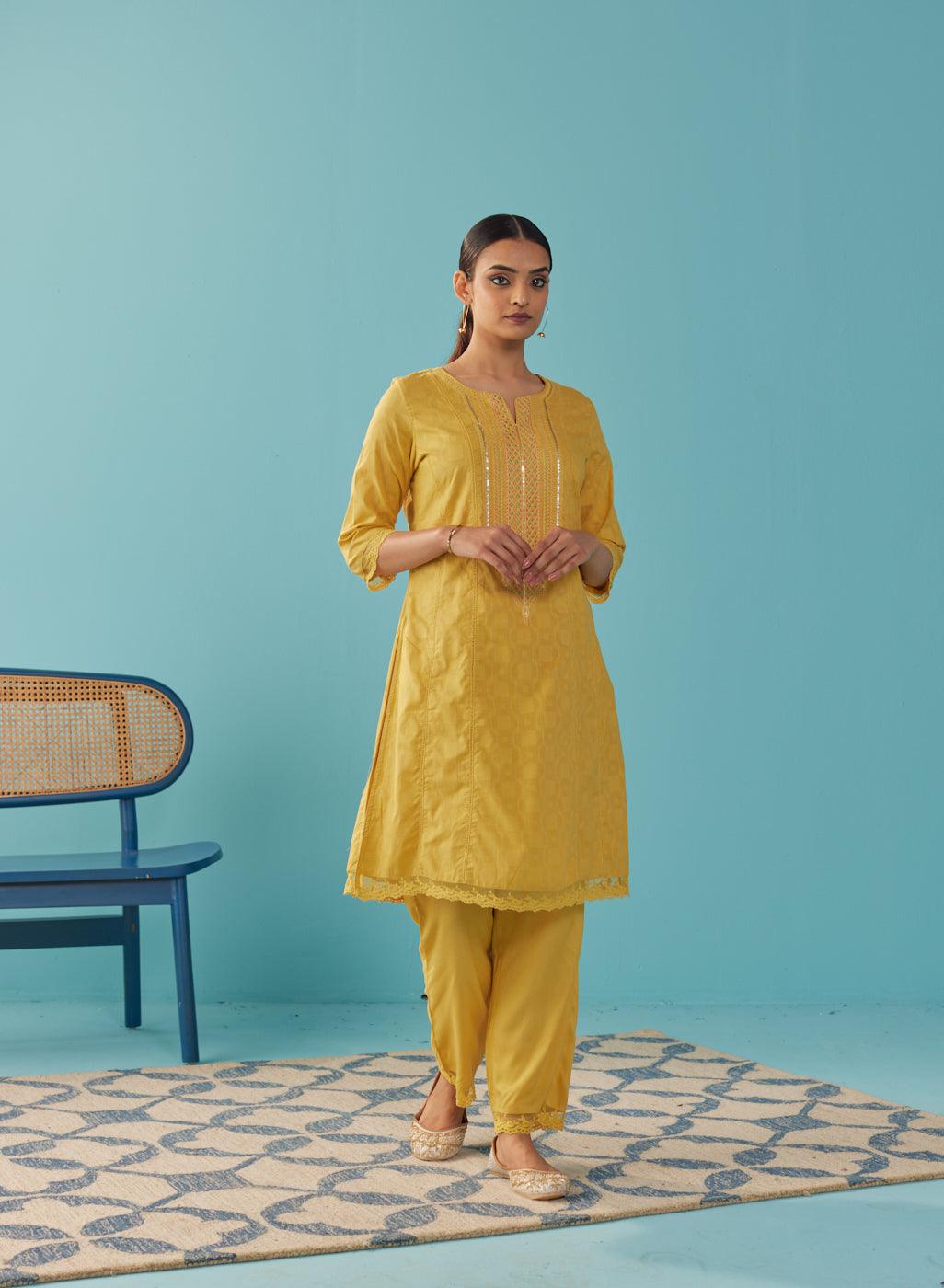 Mustard Textured Kurta set with Multicolor Embroidery - Lakshita