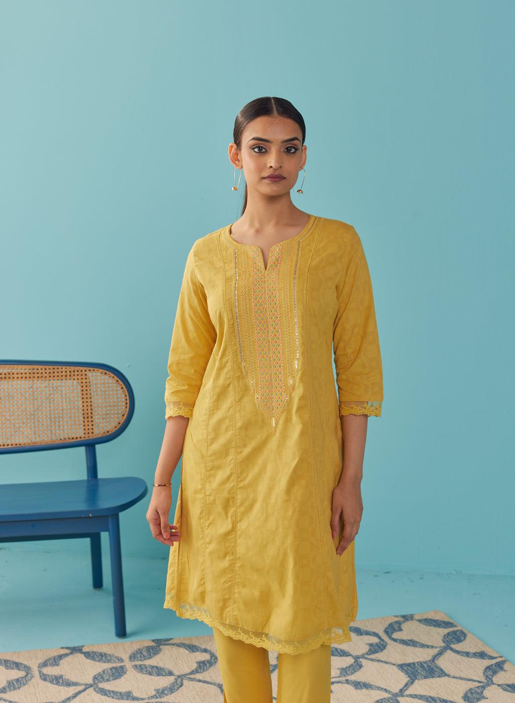 Mustard Textured Kurta set with Multicolor Embroidery - Lakshita