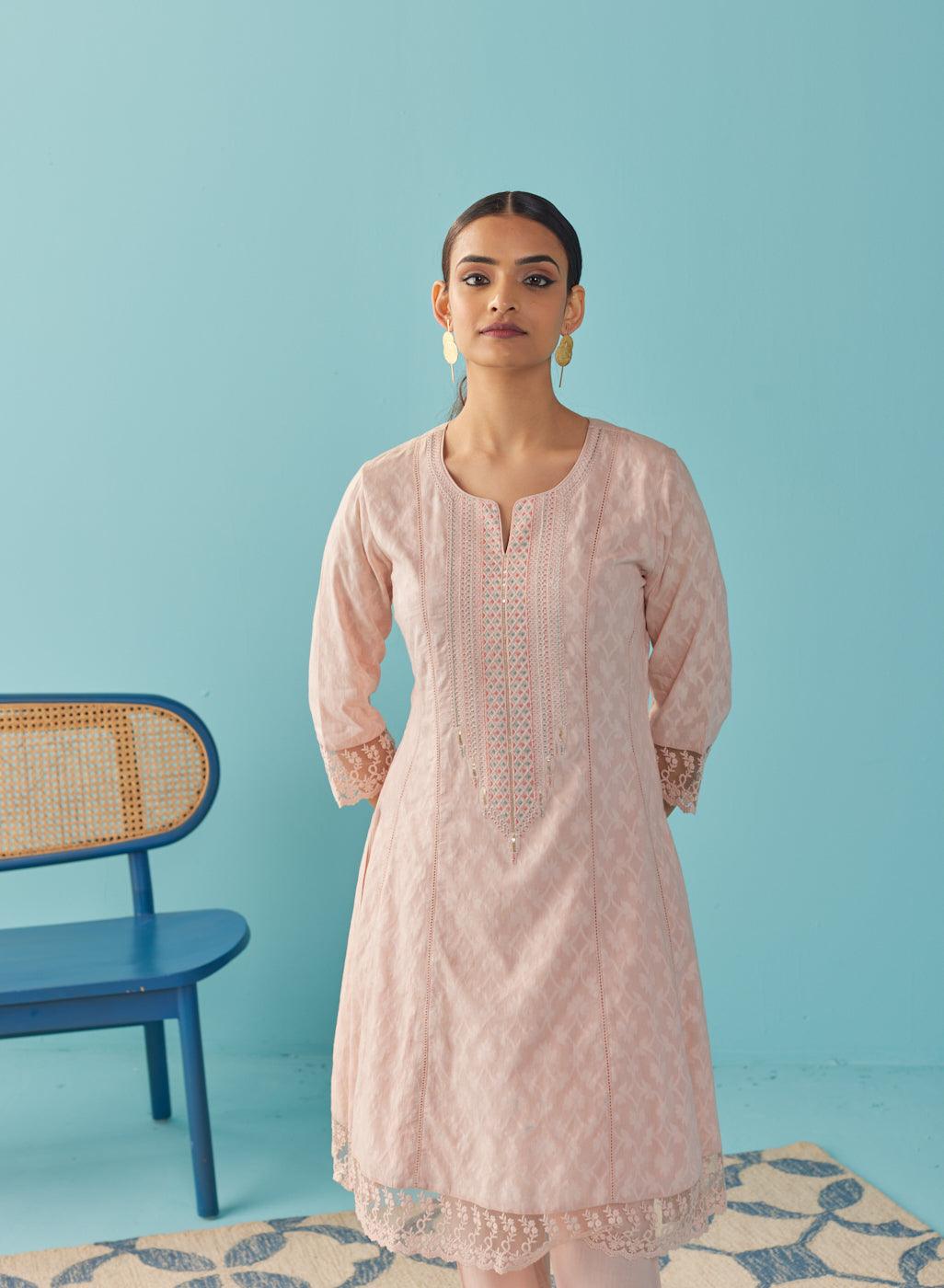 Pink Textured Kurta set with Multicolor Embroidery - Lakshita