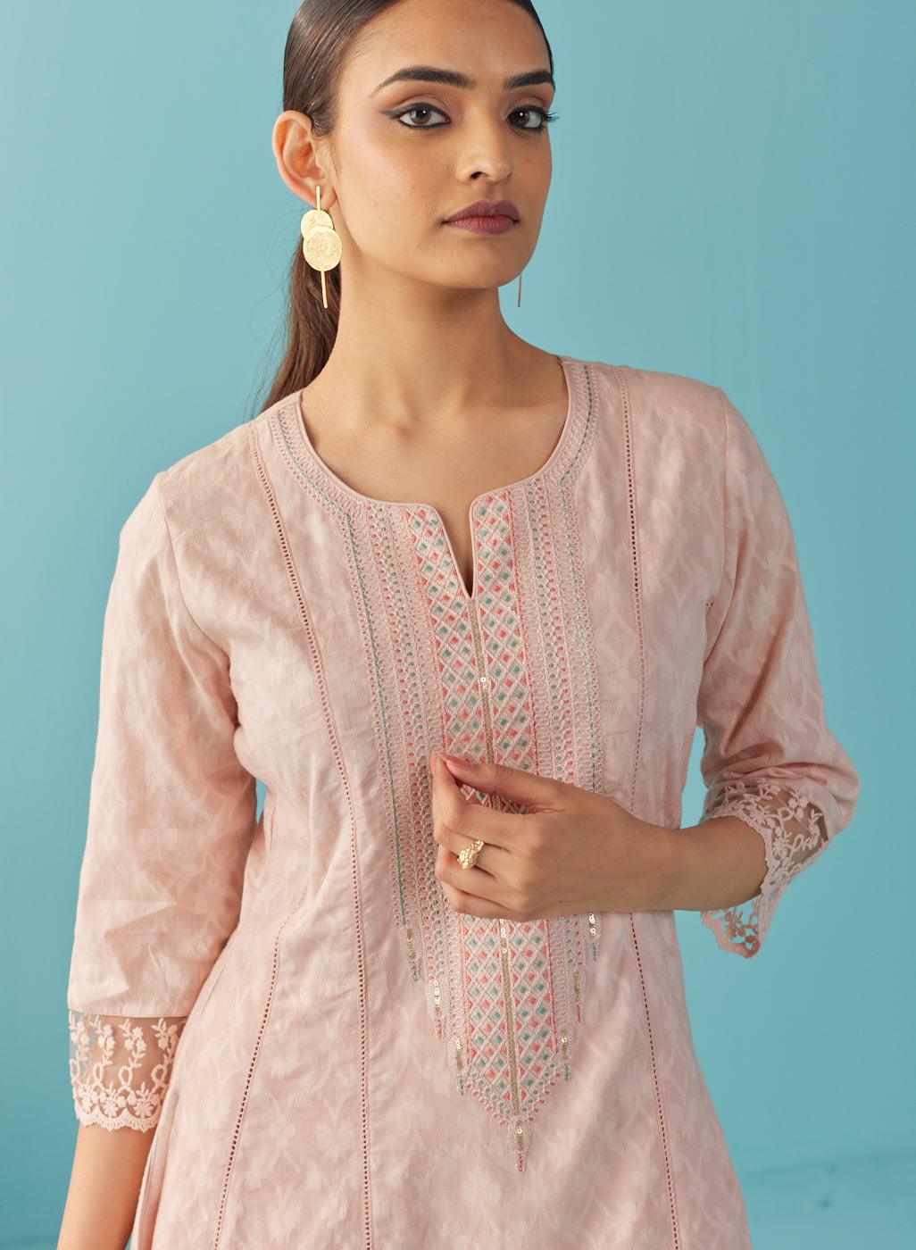 Pink Textured Kurta set with Multicolor Embroidery - Lakshita