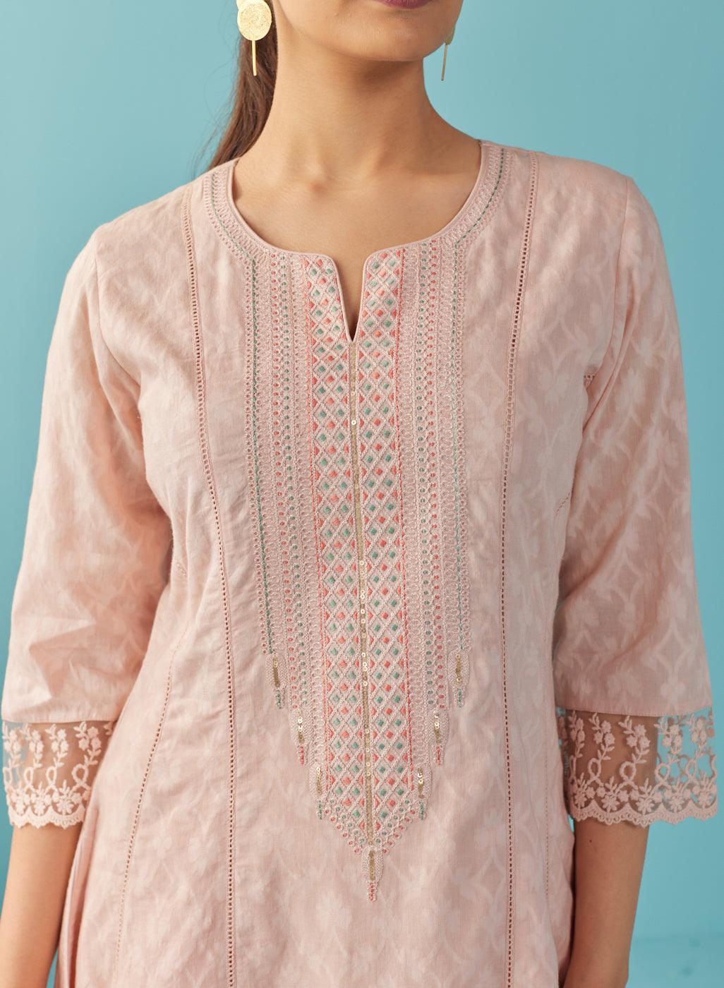 Pink Textured Kurta set with Multicolor Embroidery - Lakshita