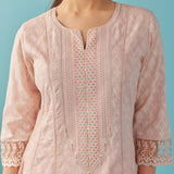 Pink Textured Kurta set with Multicolor Embroidery - Lakshita