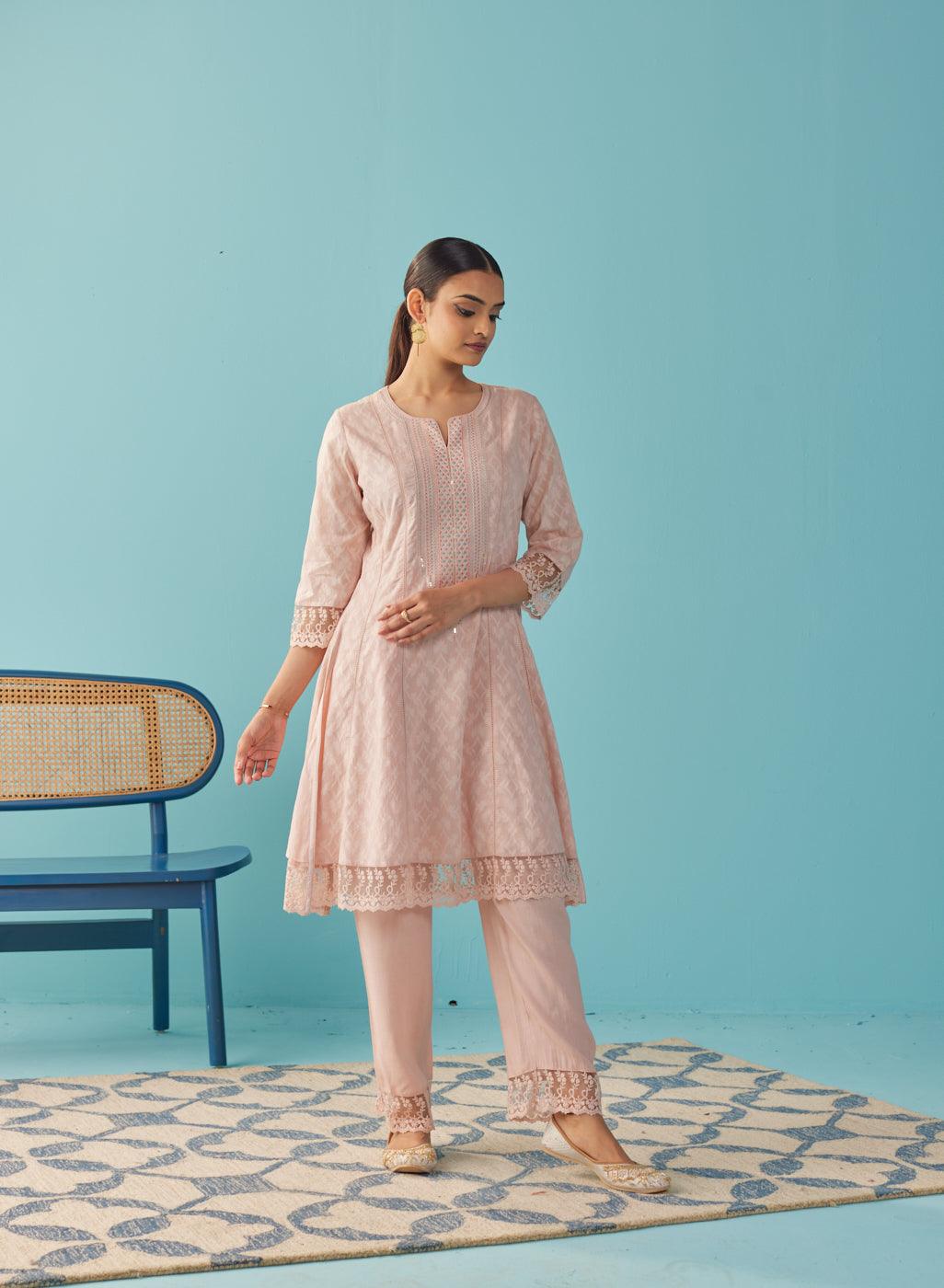 Pink Textured Kurta set with Multicolor Embroidery - Lakshita