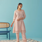 Pink Textured Kurta set with Multicolor Embroidery - Lakshita