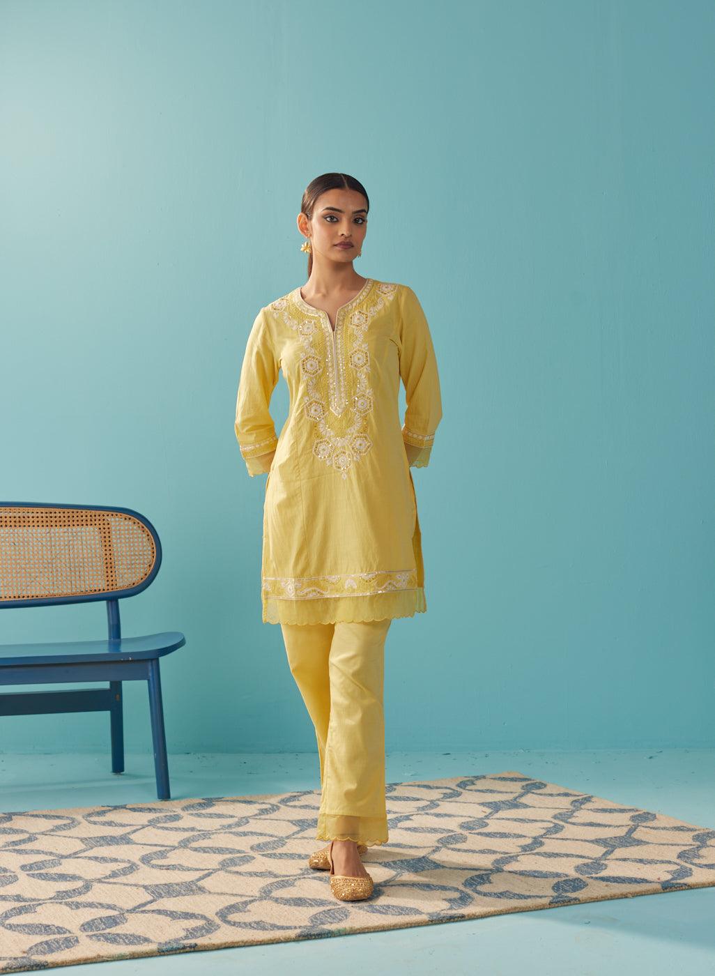 Round Neck Embroidered Yellow Kurta Set - Lakshita