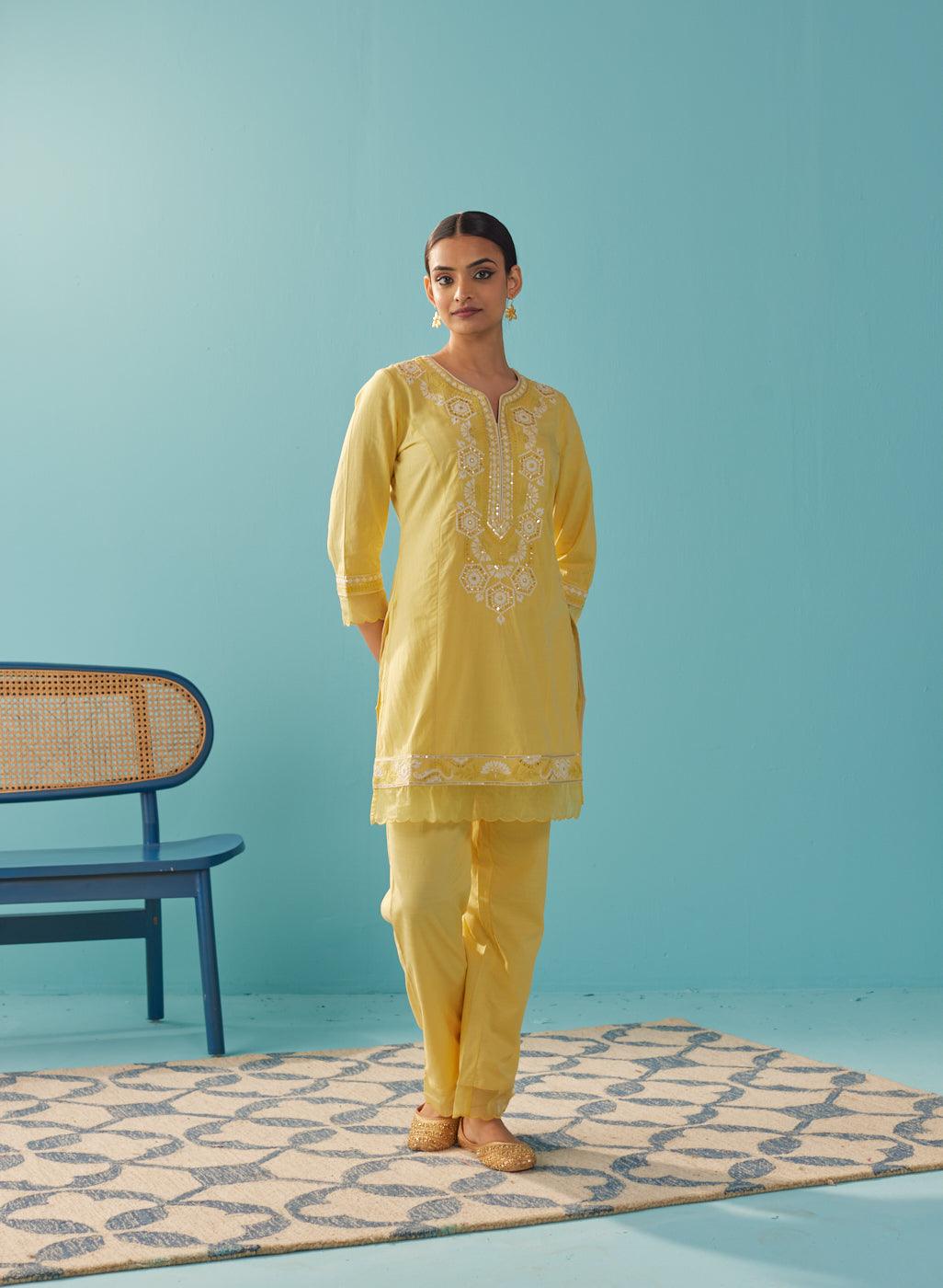 Round Neck Embroidered Yellow Kurta Set - Lakshita