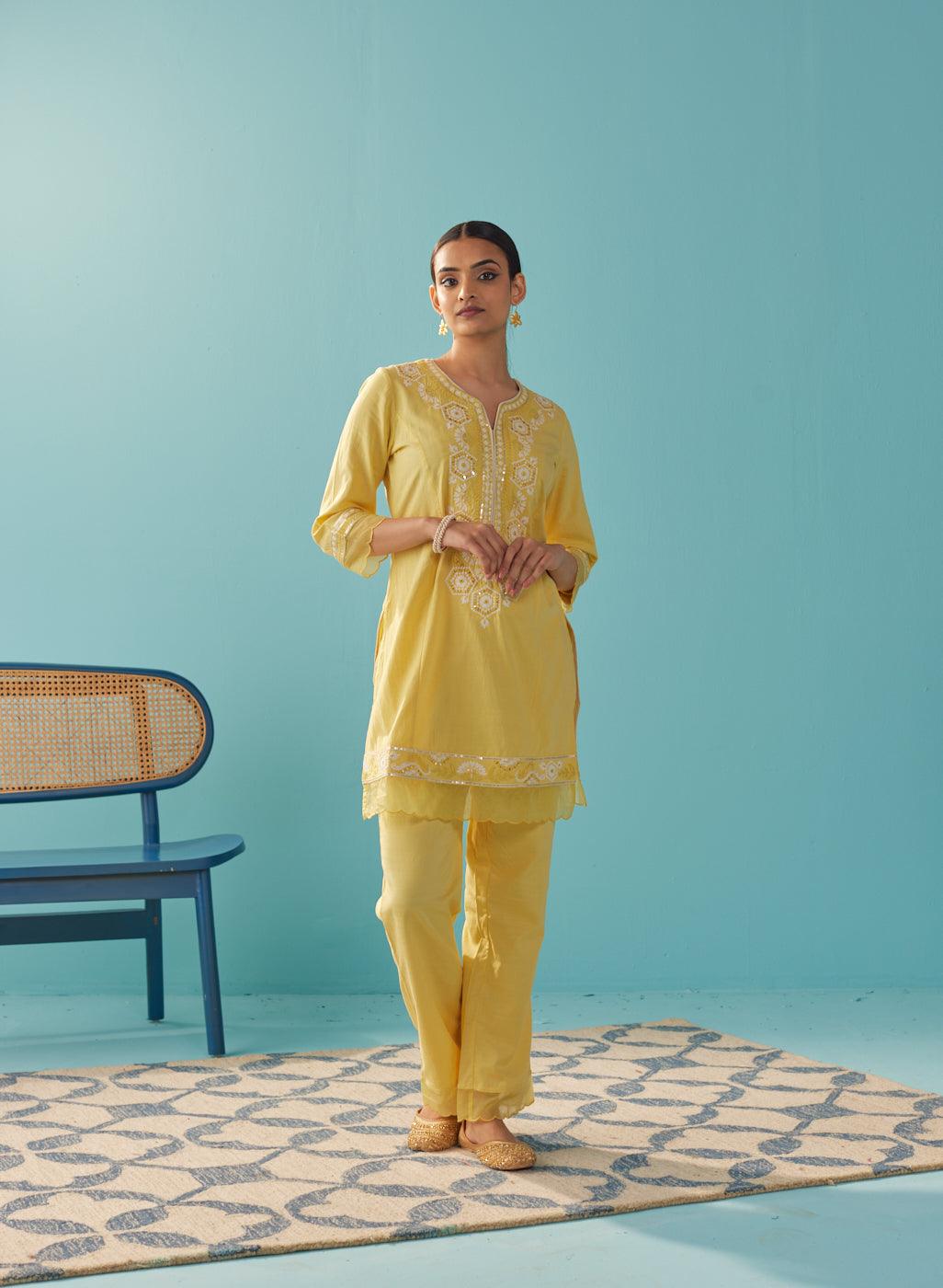 Round Neck Embroidered Yellow Kurta Set - Lakshita