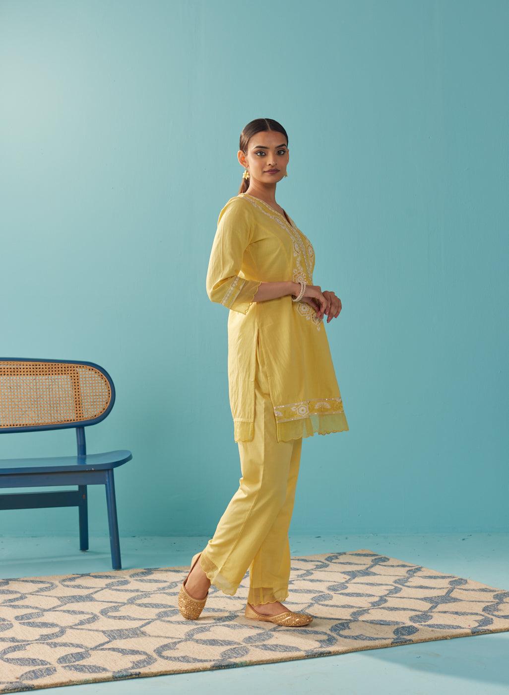 Round Neck Embroidered Yellow Kurta Set - Lakshita