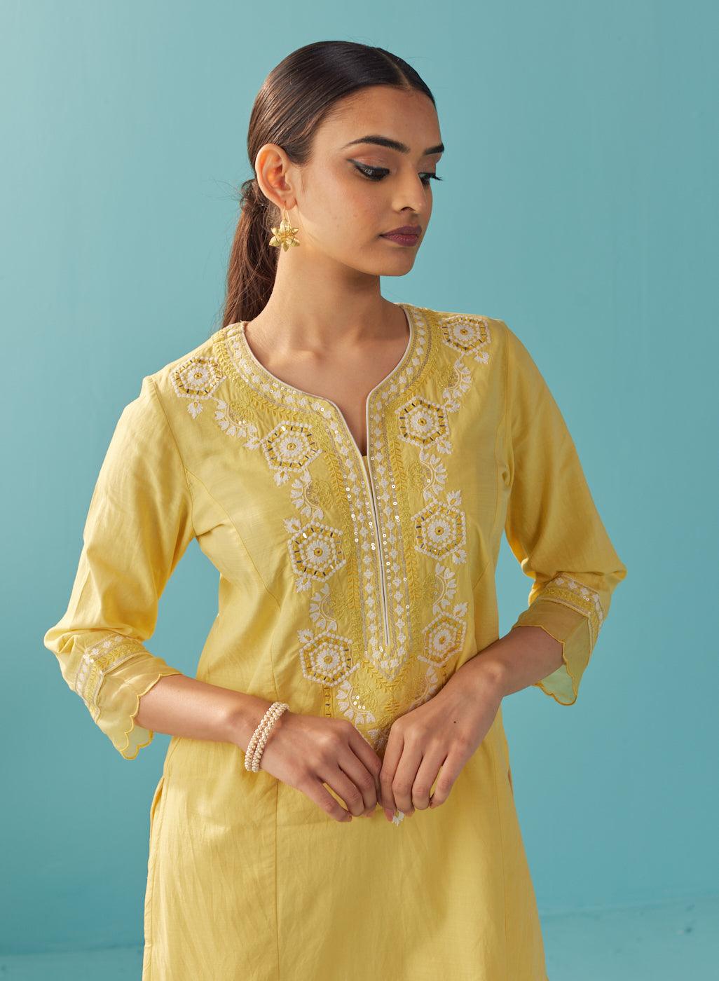 Round Neck Embroidered Yellow Kurta Set - Lakshita