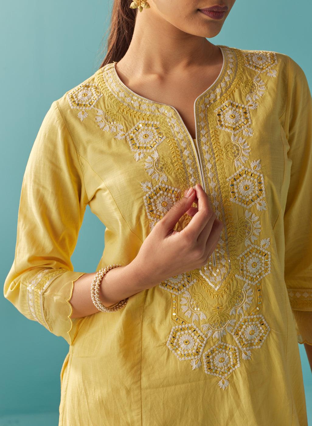 Round Neck Embroidered Yellow Kurta Set - Lakshita