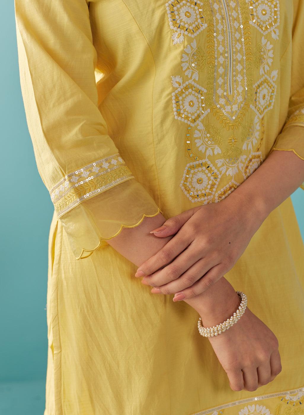 Round Neck Embroidered Yellow Kurta Set - Lakshita