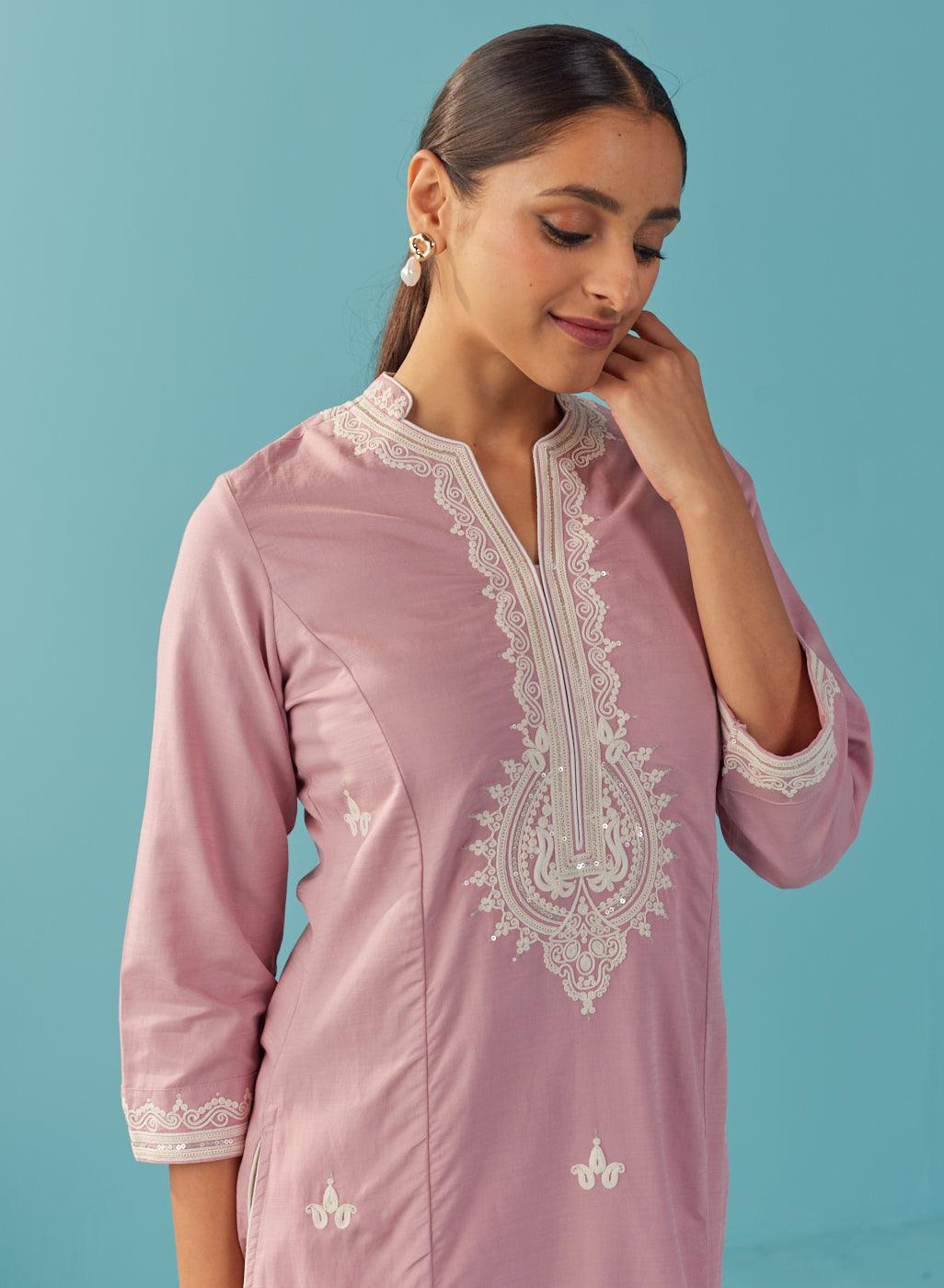 Pink V-Neck Kurti with Dori Embroidery & Sequins Work - Lakshita