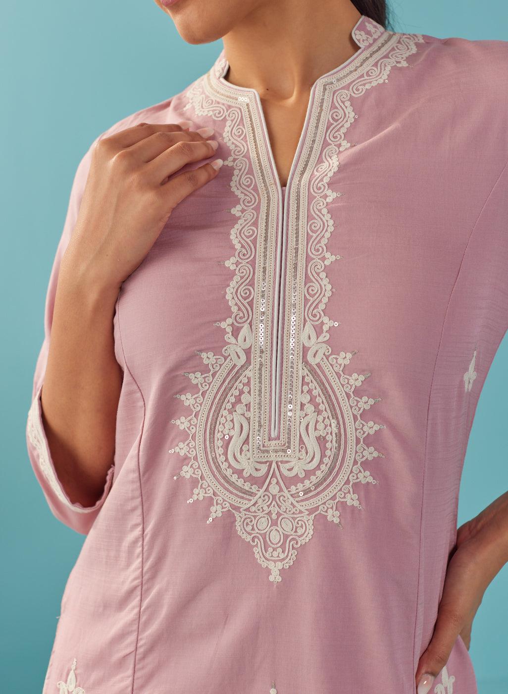 Pink V-Neck Kurti with Dori Embroidery & Sequins Work - Lakshita