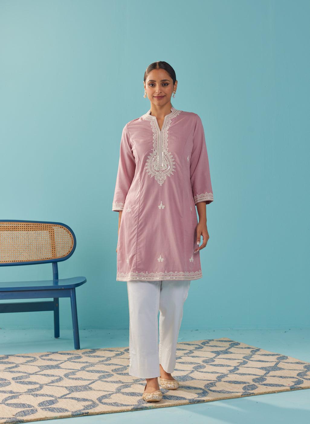 Pink V-Neck Kurti with Dori Embroidery & Sequins Work - Lakshita