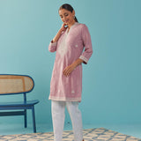 Pink V-Neck Kurti with Dori Embroidery & Sequins Work - Lakshita