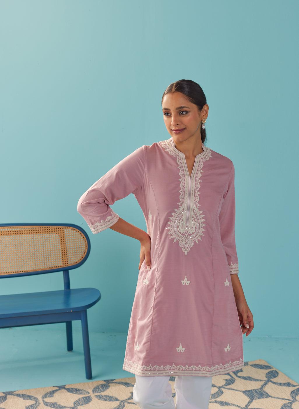 Pink V-Neck Kurti with Dori Embroidery & Sequins Work - Lakshita