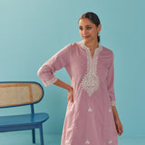 Pink V-Neck Kurti with Dori Embroidery & Sequins Work - Lakshita