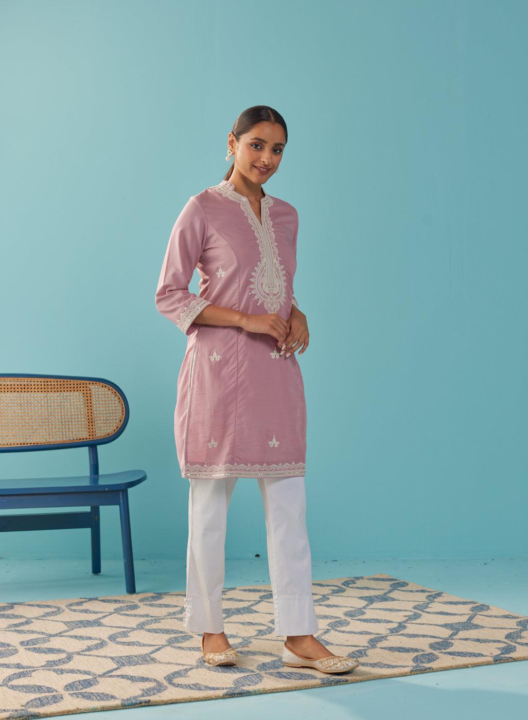 Pink V-Neck Kurti with Dori Embroidery & Sequins Work - Lakshita