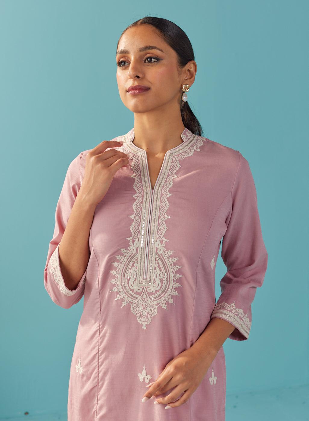 Pink V-Neck Kurti with Dori Embroidery & Sequins Work - Lakshita