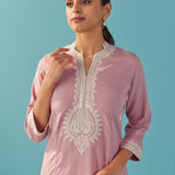 Pink V-Neck Kurti with Dori Embroidery & Sequins Work - Lakshita