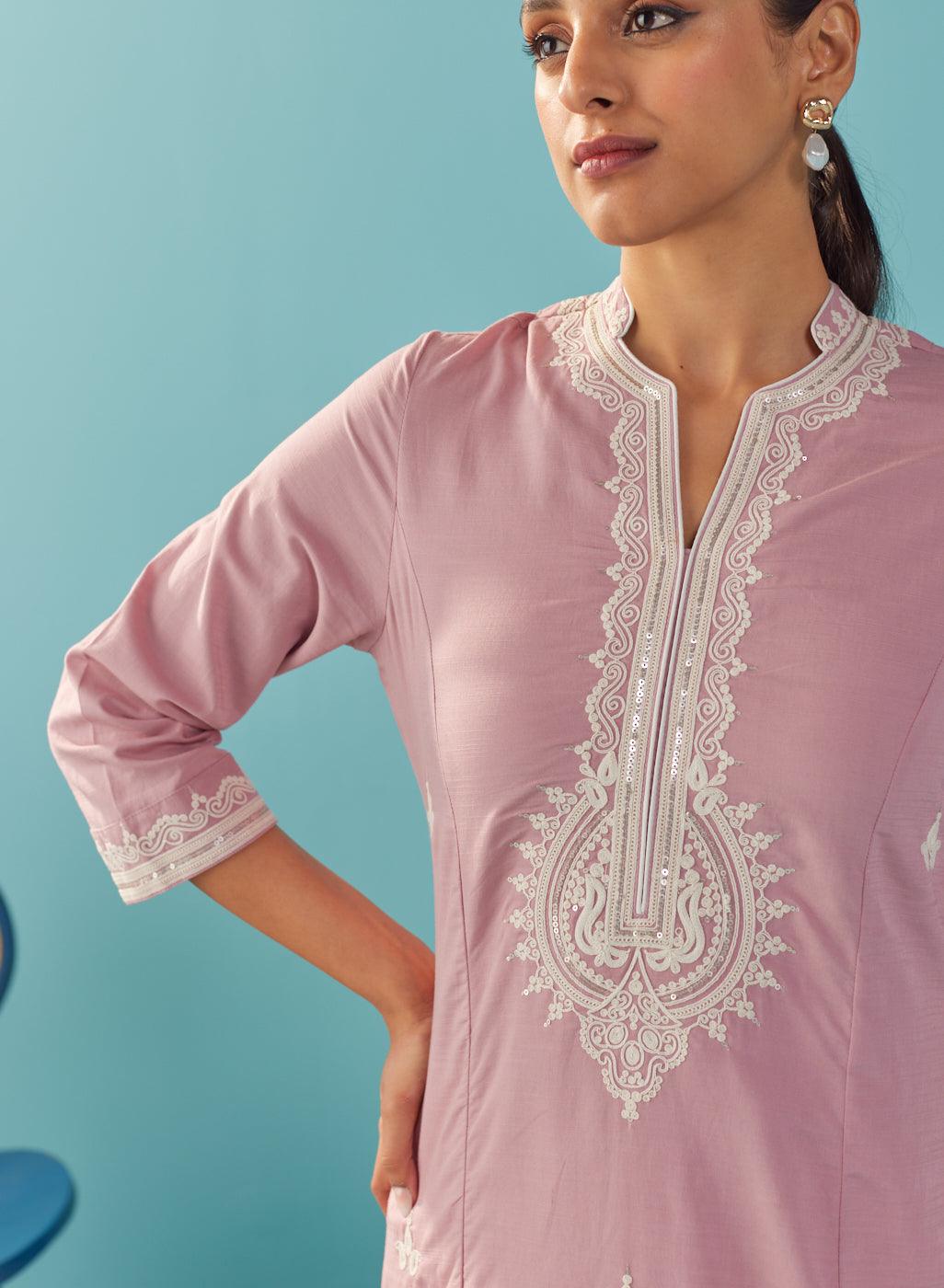 Pink V-Neck Kurti with Dori Embroidery & Sequins Work - Lakshita