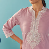 Pink V-Neck Kurti with Dori Embroidery & Sequins Work - Lakshita