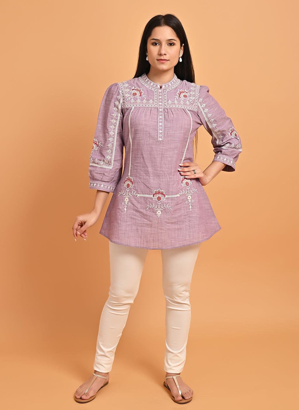 Lavender Embroidered Slub Tunic - Lakshita