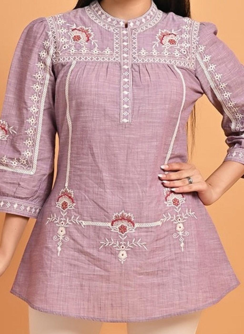 Lavender Embroidered Slub Tunic - Lakshita