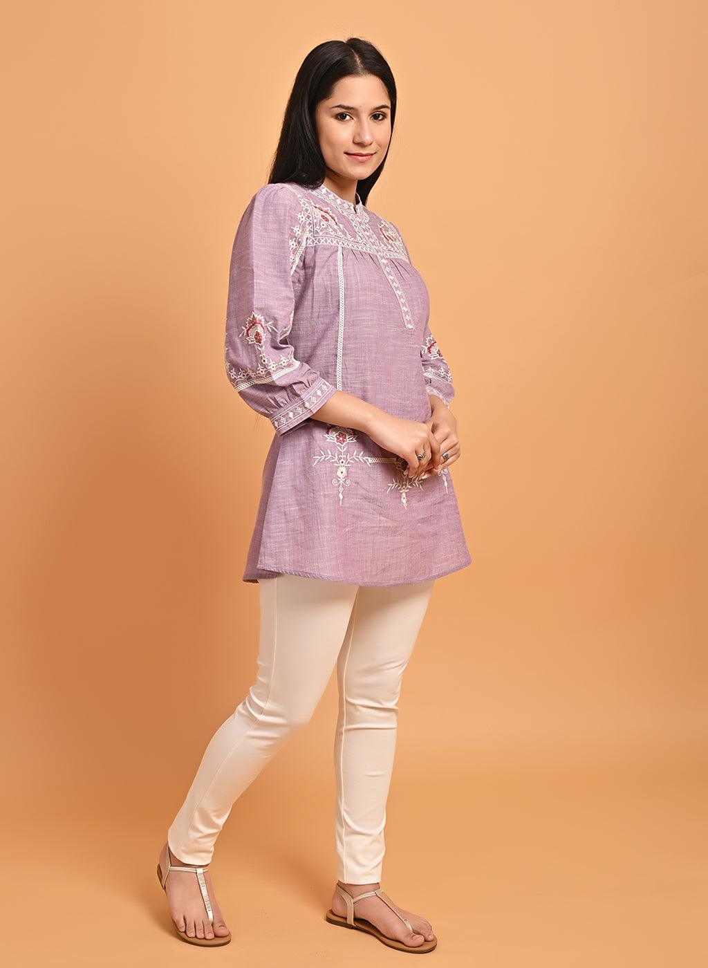 Lavender Embroidered Slub Tunic - Lakshita