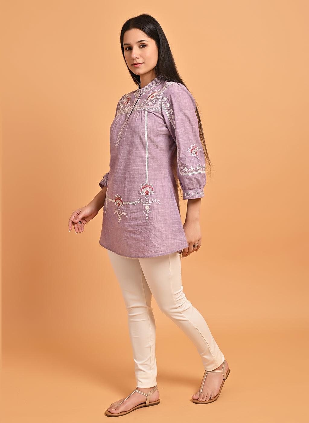 Lavender Embroidered Slub Tunic - Lakshita