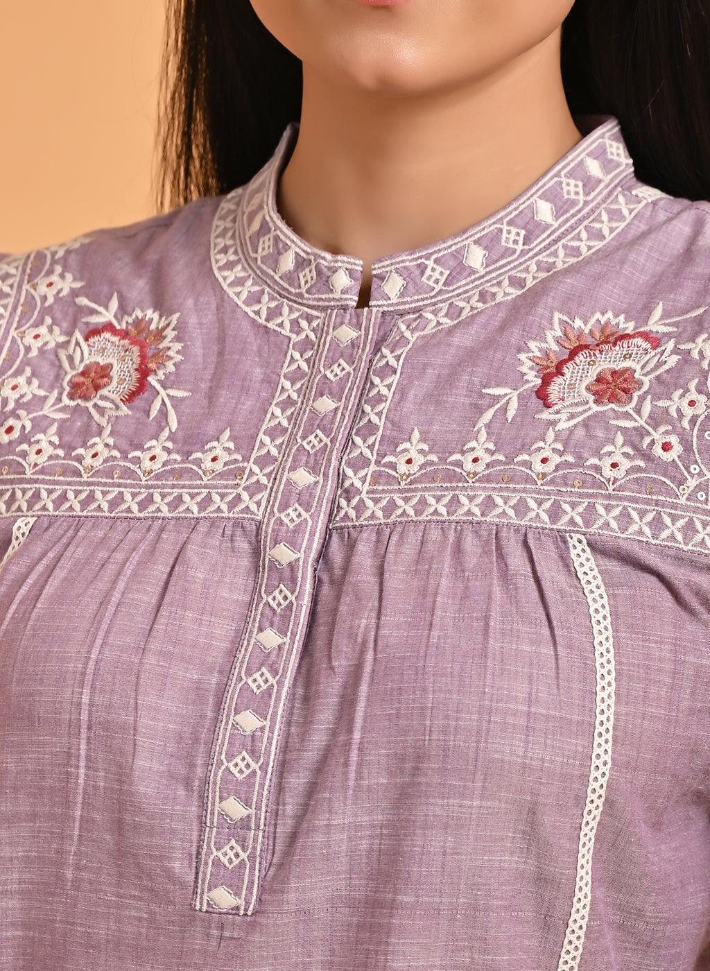 Lavender Embroidered Slub Tunic - Lakshita