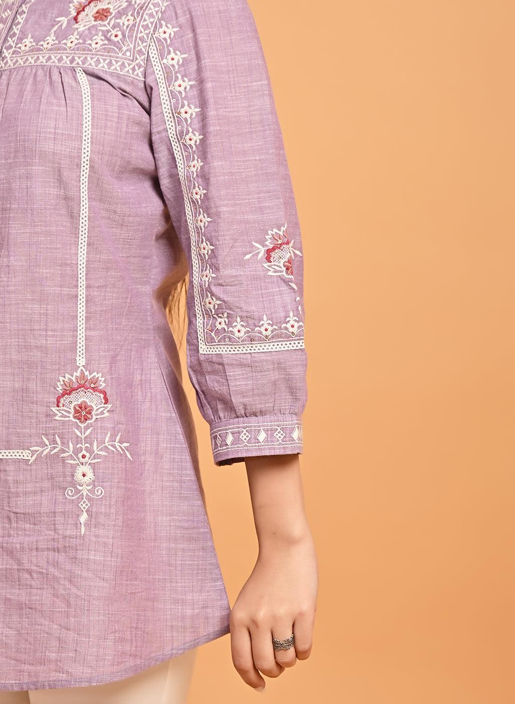 Lavender Embroidered Slub Tunic - Lakshita