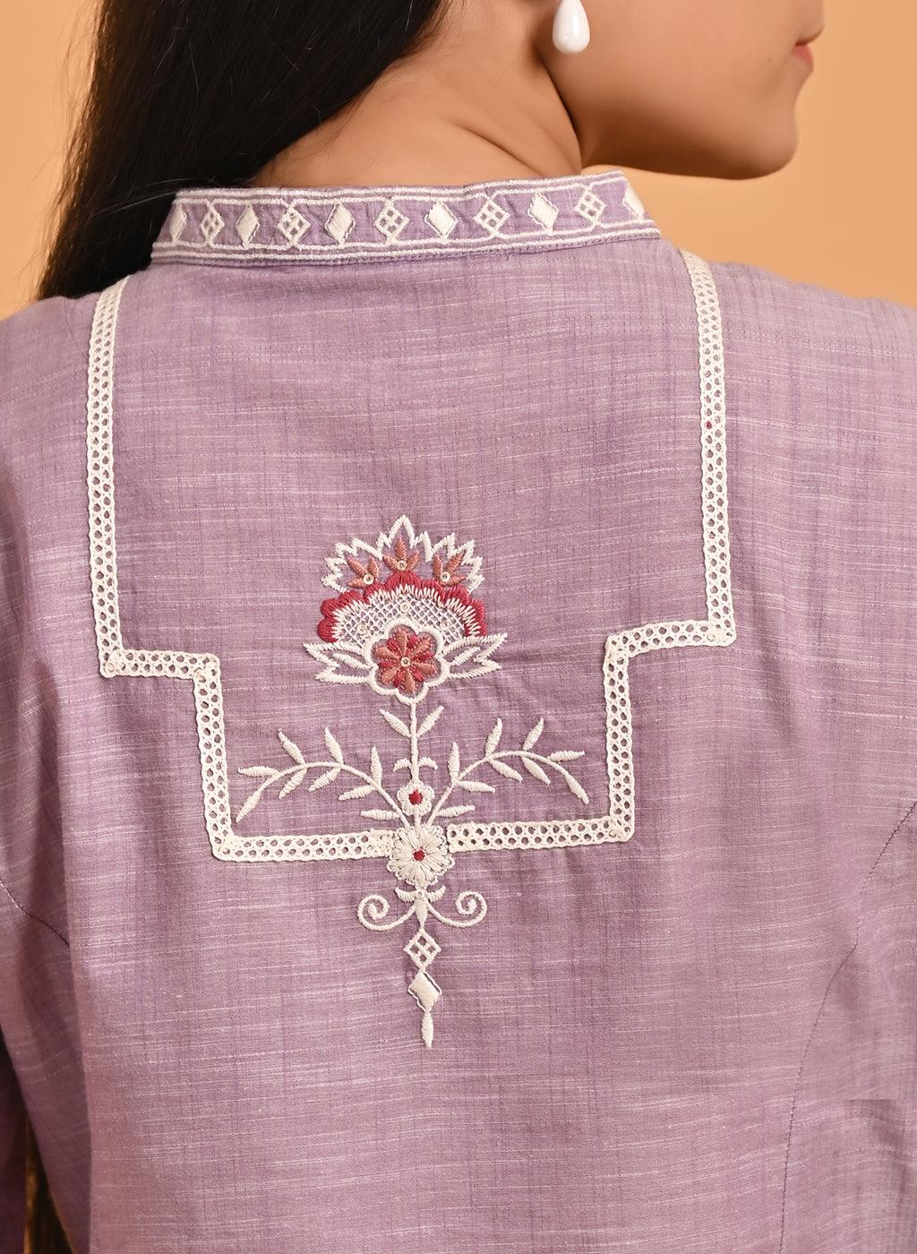 Lavender Embroidered Slub Tunic - Lakshita