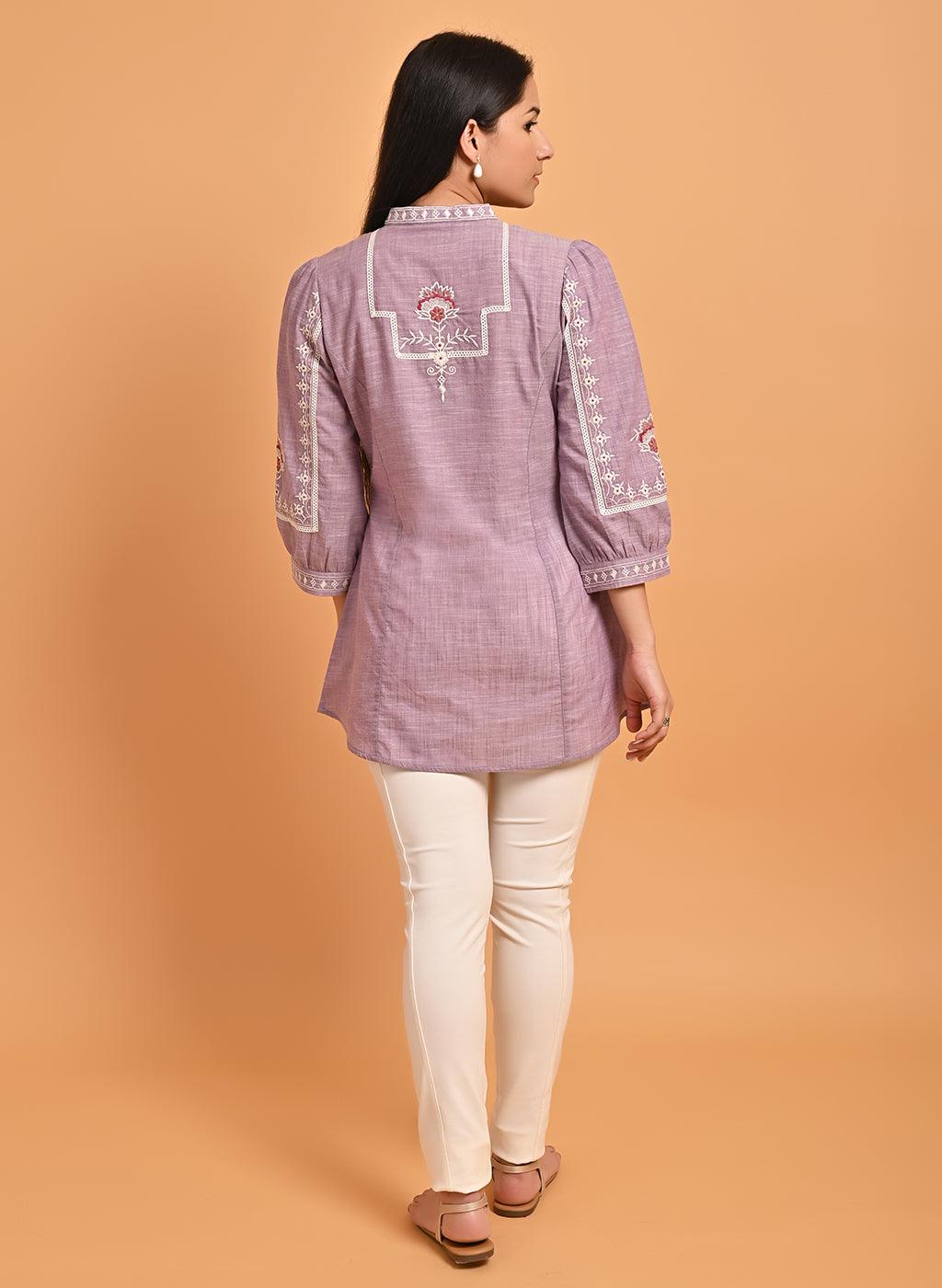 Lavender Embroidered Slub Tunic - Lakshita