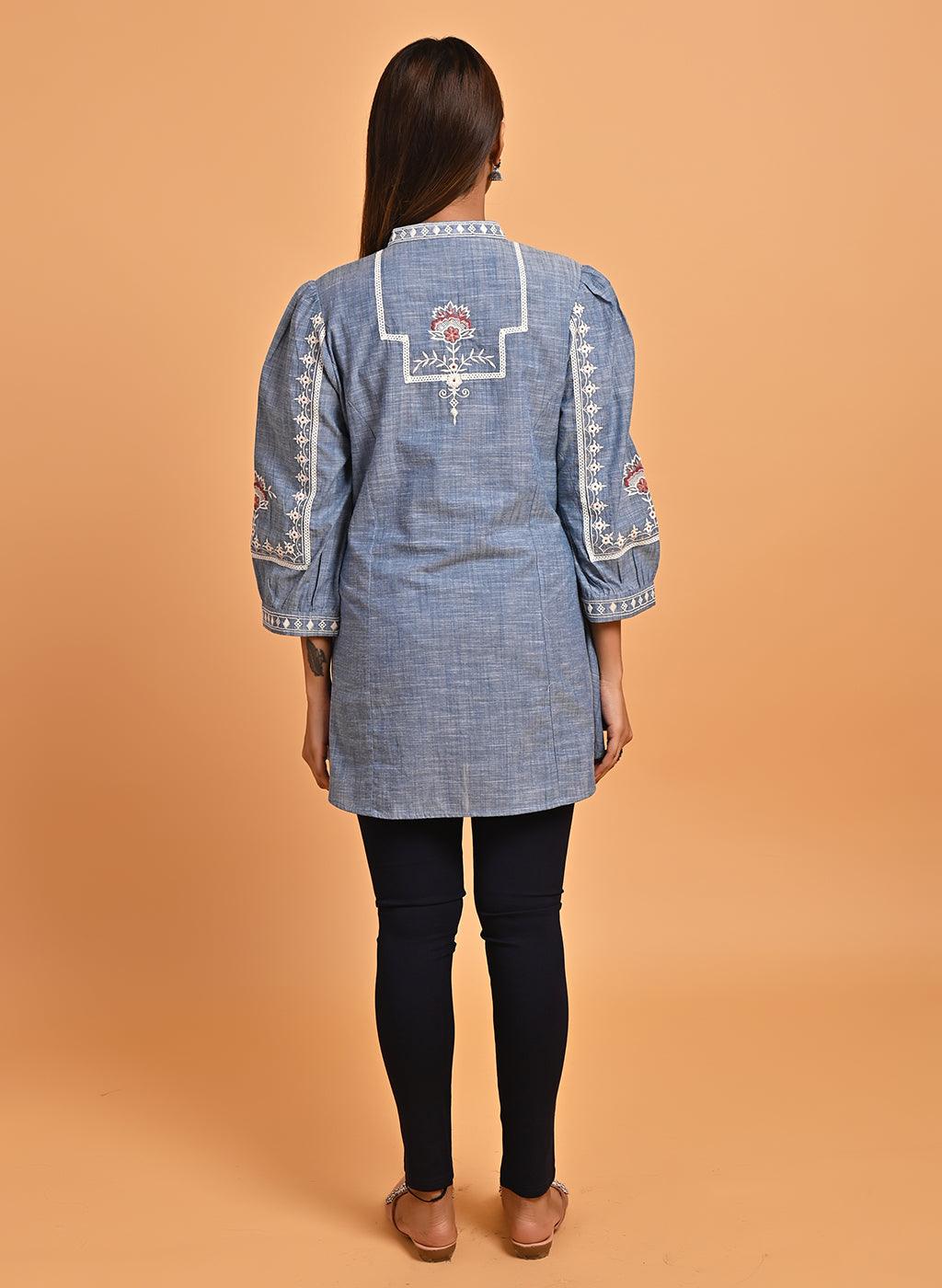 Blue Embroidered Slub Tunic - Lakshita