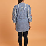 Blue Embroidered Slub Tunic - Lakshita