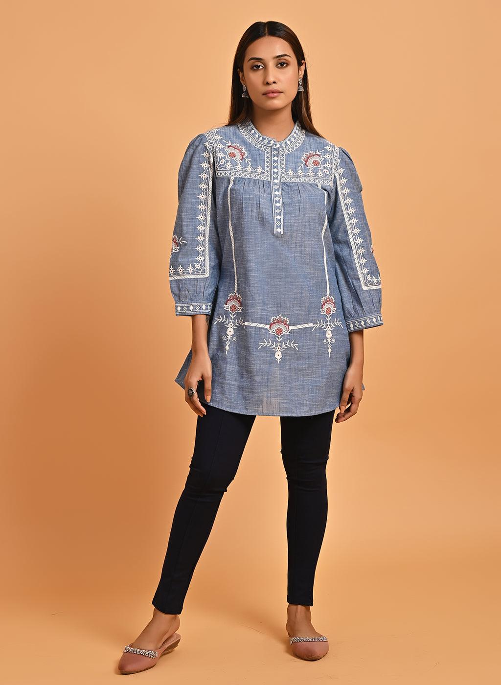 Blue Embroidered Slub Tunic - Lakshita