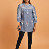 Blue Embroidered Slub Tunic - Lakshita