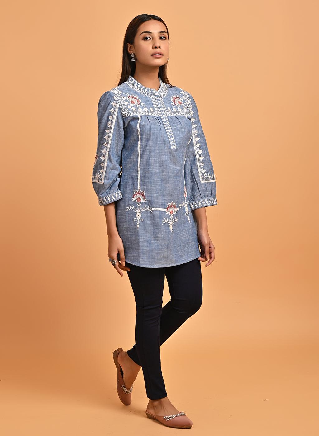 Blue Embroidered Slub Tunic - Lakshita