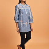 Blue Embroidered Slub Tunic - Lakshita