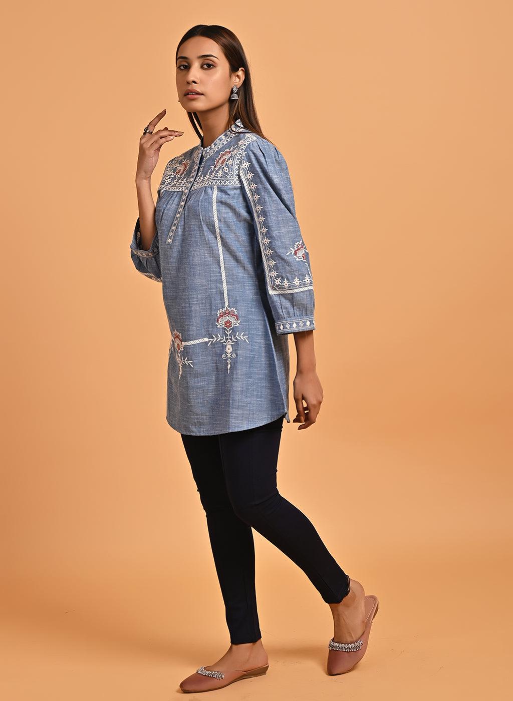 Blue Embroidered Slub Tunic - Lakshita