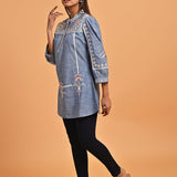 Blue Embroidered Slub Tunic - Lakshita