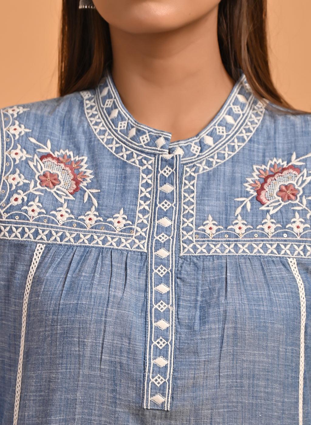 Blue Embroidered Slub Tunic - Lakshita