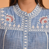 Blue Embroidered Slub Tunic - Lakshita