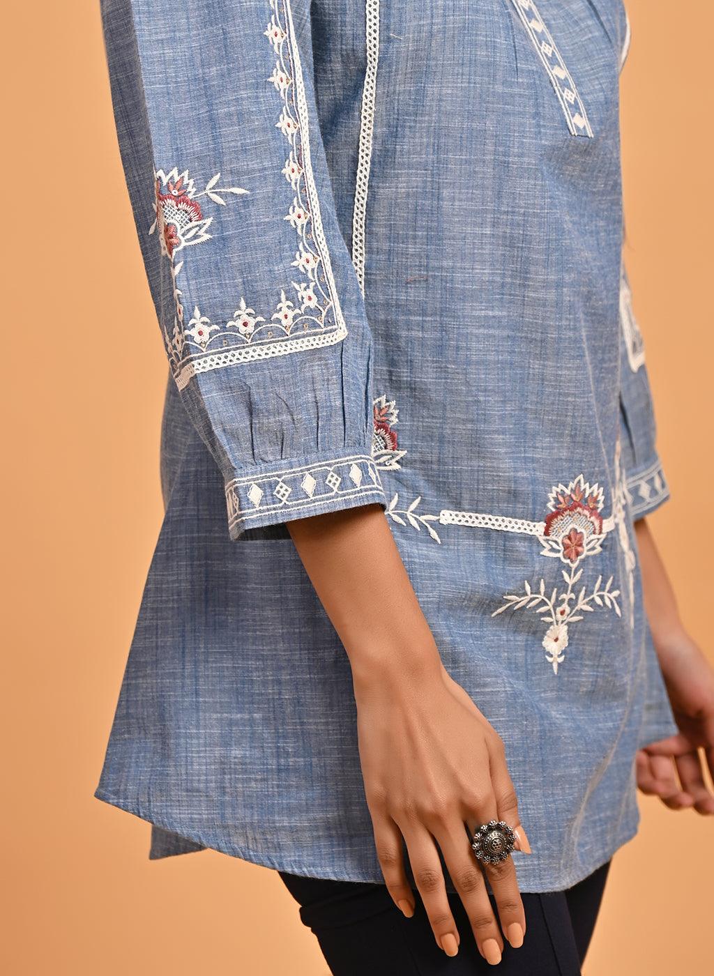 Blue Embroidered Slub Tunic - Lakshita